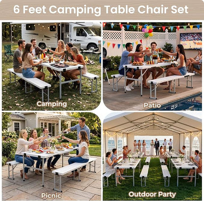 6' Picnic Table Set w/2 Benches 3-Piece 1-Case Camping Table Chair Set | HDPE Tree Pattern Top for Indoor or Outdoor Use Working Meeting Party, Camping, Picnic, Weddings With Handle Safety Locks