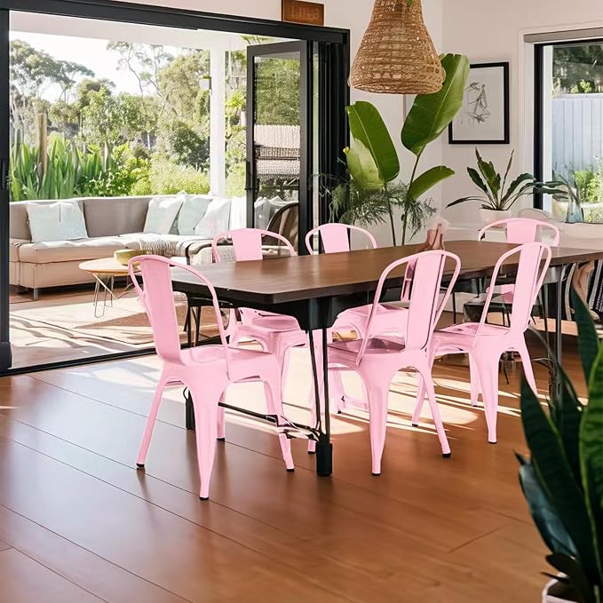 AC Pacific 18 Inch Seat Height Industrial Metal Dining Chairs, Stackable Kitchen or Bar Seat, Durable Modern Design, Versatile Accent Furniture, Set of 4, Pink