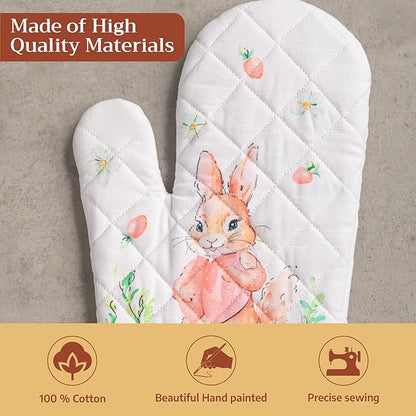 Maison d'Hermine Oven Gloves 100% Cotton Oven Mitt 7" x 13" with Loop Heat Resistant BBQ Cooking Gloves Baking Grilling Kitchen Hotel Home Farmhouse Spring Summer (Pack of 1, Bunny Party)