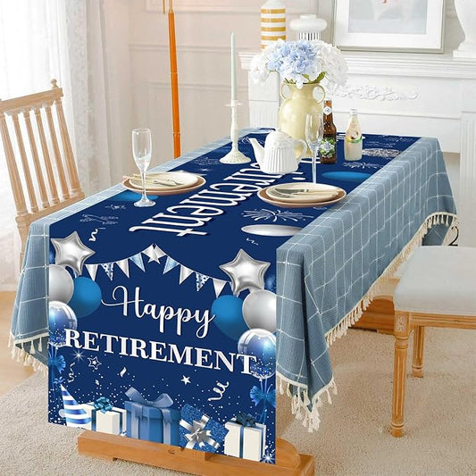 Happy Retirement Table Runner, Navy Blue Sliver Retirement Theme Linen Fabric Table Runner for Everyday Use 72 x 13 Inches, Washable Table Cover for Indoor Outdoor Kitchen Dining Table Decor