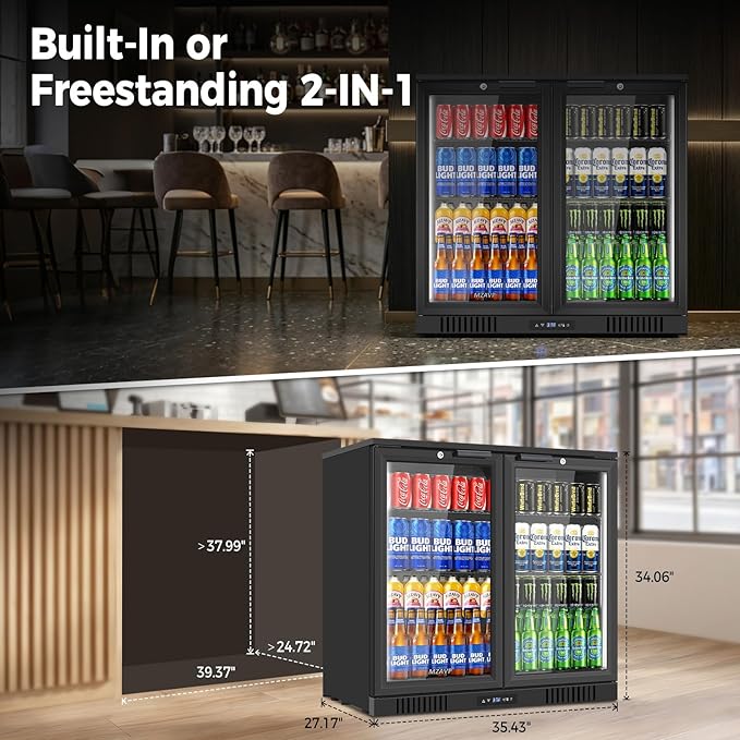 Back Bar Cooler with 2 Glass Door, Commercial Beverage Fridge Under Counter, 7.2 Cu.Ft Display Refrigerator with Safety Locks for Beer, Soda, Wine, Built-In/Freestanding for Bar Restaurant Home