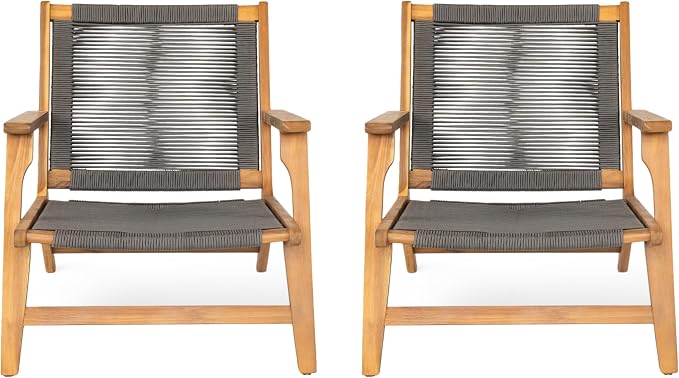Christopher Knight Home Veera Patio Lounge Chair Set of 2, Acacia Wood Frame, Handwoven Rope, Mid-Century Modern, Dark Grey & Teak