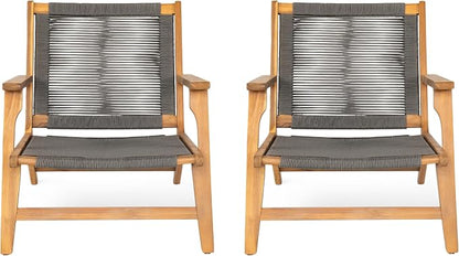 Christopher Knight Home Veera Patio Lounge Chair Set of 2, Acacia Wood Frame, Handwoven Rope, Mid-Century Modern, Dark Grey & Teak