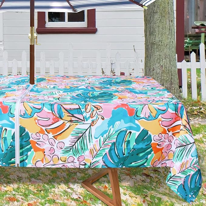 EHouseHome Outdoor and Indoor 60x84 inch Tablecloth with Umbrella Hole and Zipper, Waterproof Zippered Patio Table Cloths, Spring/Summer Table Covers for Backyard Circular Table/BBQs/Picnic