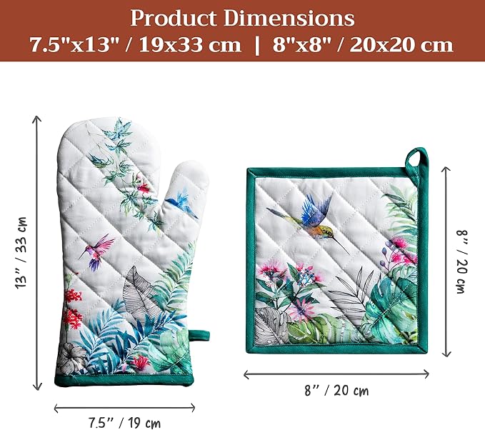 Maison d' Hermine 100% Cotton Oven Mitt & Pot Holder Set (7.5"x13" & 8"x8") Heat Resistant BBQ Cooking Gloves with Loop Baking Grilling Kitchen Hotel Home Farmhouse Spring Summer (Tropiques)