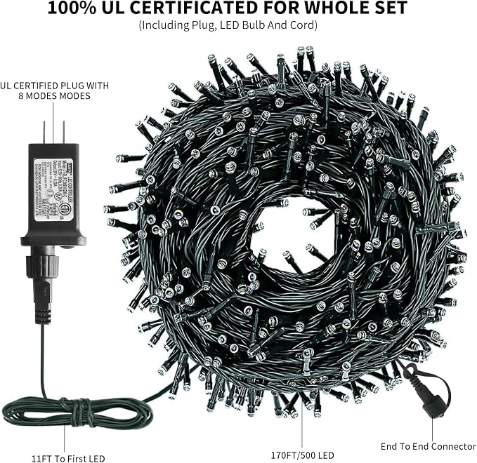 170FT 500 LED Christmas String Lights, Christmas Lights | End-to-End Plug 8 Modes - UL Certified - Outdoor Indoor Fairy Lights for Christmas Tree, Garden, Party, Wedding(Cool White)