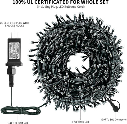 170FT 500 LED Christmas String Lights, Christmas Lights | End-to-End Plug 8 Modes - UL Certified - Outdoor Indoor Fairy Lights for Christmas Tree, Garden, Party, Wedding(Cool White)