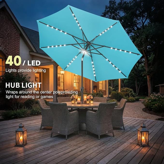 Solar Patio Umbrella with Centre Light, 10 ft Aqua Blue | 40 LED Lights, UV Protection, Solar Outdoor Umbrella for Porch, Deck, Pool, Table, Garden, Provides Evening Lighting