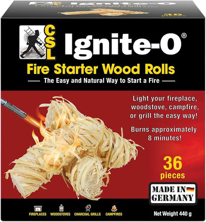 Ignite-O Fire Starter Natural Wood Rolls - 36 Pieces - Made in Germany - Sustainably Grown Wood - Non-Toxic Firestarter for Fireplaces, Woodstoves, Campfires & Grills - Quick & Easy