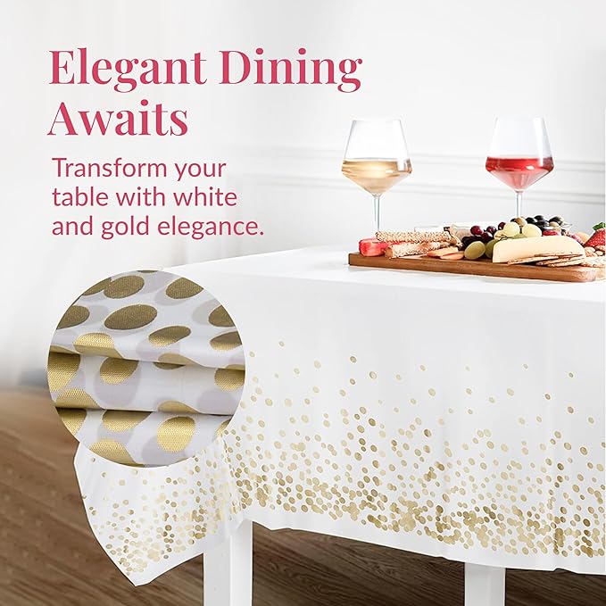 Prestee White and Gold Tablecloths, 4pk, 54x108 Inches - Party Table Cloths Disposable - Gold Dot Disposable Tablecloths - Plastic Table Cloth - Engagement Party Decorations, Baptism Decorations
