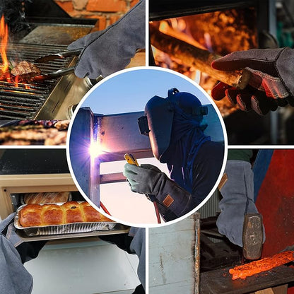 WZQH 16 Inches,932℉,Leather Welding Gloves XXL, Fire & Heat Resistant, Mitts for BBQ, Oven, Grill, Fireplace, Tig,Mig, Baking, Furnace, Stove, Pot Holder, Animal Handling Glove, Forge. 2XL, Black-gray
