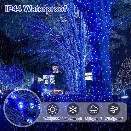 QITONG 2 Pack Blue Solar String Lights, Each 66ft 200 LED Christmas Lights Outdoor Waterproof, 8 Modes Green Wire Solar Twinkle Lights