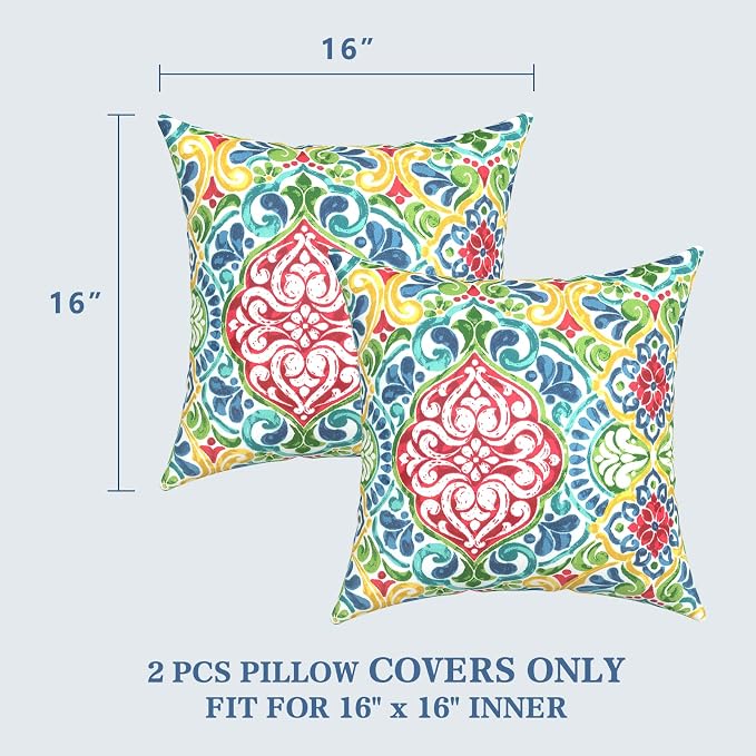LVTXIII 2 Pack Outdoor Throw Pillow Covers for Patio Furniture, 16x16 Inch Square Pillow Case, Water-Repellent Cushion Covers for Garden, Porch, Sofa, Damask Red