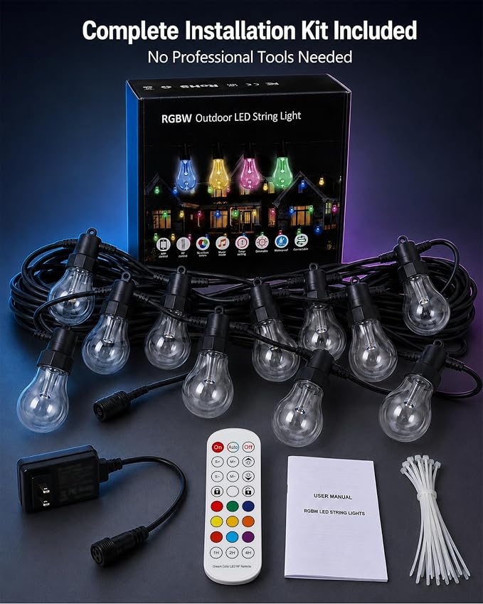 27FT Outdoor String Lights, RGBW LED String Lights Outdoor with APP & RF Remote Control, Color Changing Patio Lights Outdoor Waterproof IP65, for Backyard Garden Party Wedding Christmas Decor