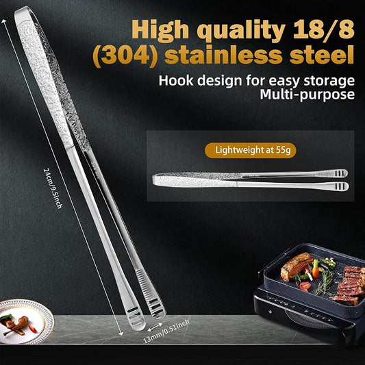 4Pcs 9.5-Inch Stainless Steel Korean BBQ Grill Tongs, Japanese Barbecue Tongs for Cooking, Portable Kitchenware for Home, Outdoor, Steak, Salad, Food
