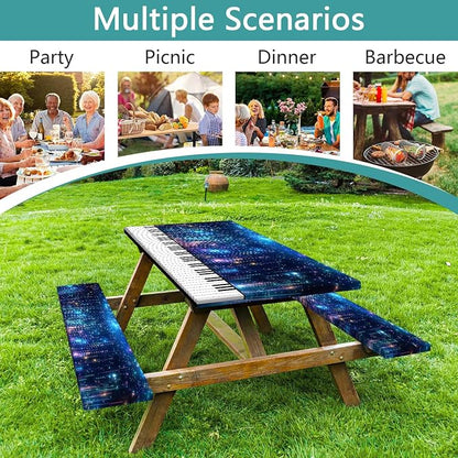 Piano Keyboard Picnic Table Cover with Bench Covers, Camping Essentials, Music Themed Waterproof Windproof, Fitted Tablecloth Cover with Elastic Edge, for Outdoor, Garden, 3 PCS, 30x96 Inch