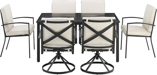 Crosley Furniture Kaplan 7-Piece Outdoor Dining Set for 6, Patio Table and Chairs for Backyard, Deck, Oiled Bronze with Oatmeal Cushions