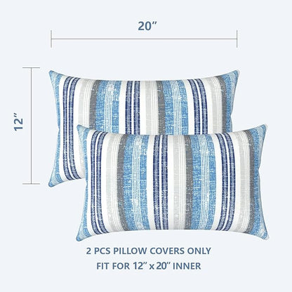 LVTXIII Outdoor Lumbar Pillow Covers Set of 2 Patio Decorative Pillow Cases, Water Repellent Lumbar Cushion Cases for Sofa, Patio Couch Garden Use, 12x20 Inch, Stripe Layered Blue