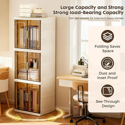 YHB Easy Assembly Wardrobe Portable Closet Storage Cabinet, Pet Collapsible Clothes Organizers,White, Collapsible Wardrobe with Visualization Doors, Rolling Wheels