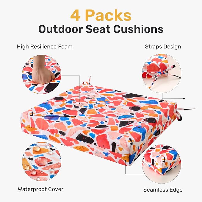 UNIKOME Outdoor Chair Cushions Pack of 4, Water Resistant Patio Cushions with Ties, High Density Sponge Filling Square Corner Seat Cushions for Outdoor Furniture, 18.5"*16"*3", Petal Stone