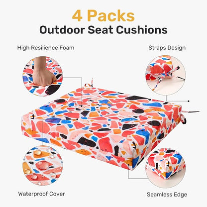 UNIKOME Outdoor Chair Cushions Pack of 4, Water Resistant Patio Cushions with Ties, High Density Sponge Filling Square Corner Seat Cushions for Outdoor Furniture, 18.5"*16"*3", Petal Stone