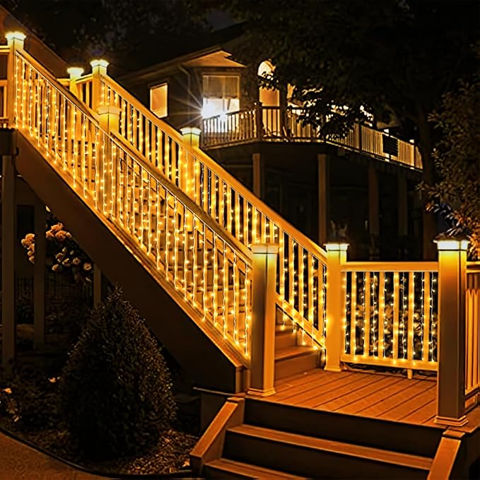 Eueasy Curtain Lights Outdoor, 300 LED Lights with 8 Lighting Modes. 15×3 FT Connectable, for Balconies, Fences, Stairs and Guardrails