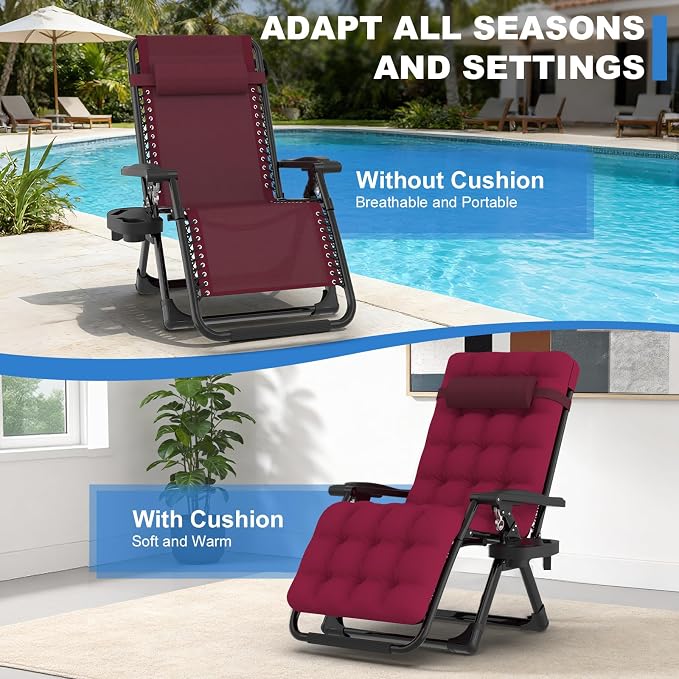 Slendor Zero Gravity Chair, Recliner Lounge Chairs with Cushion, Wine Red | Reclining Lounge Chair, Folding Anti Gravity Chairs w/Upgraded Lock, Removable Upgraded&Headrest, 440lbs, for Indoor Outdoor