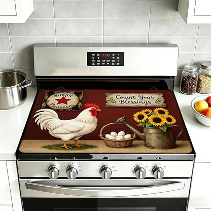 Farmhouse Rooster Glass Top Stove Cover Protector,Rustic Sunflower Heat Resistant Stove Top Cover, Large Size Range Covers for Electric Stove Countertop Mat, 28 x 20 Inch