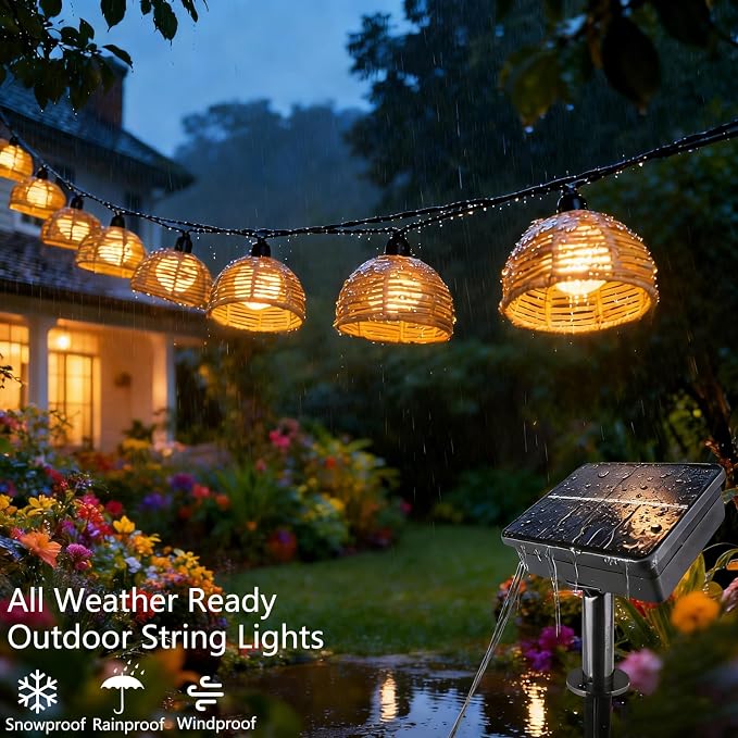 Solar Rattan String Lights Outdoor, 16FT 16 LED Half-Globe Hemisphere Wicker Lanterns, IP65 Waterproof Solar Powered Patio Lights, Boho Decorative Hanging Lighting for Garden Porch Wedding