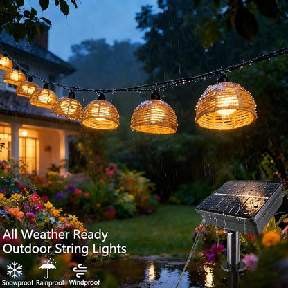 Solar Rattan String Lights Outdoor, 16FT 16 LED Half-Globe Hemisphere Wicker Lanterns, IP65 Waterproof Solar Powered Patio Lights, Boho Decorative Hanging Lighting for Garden Porch Wedding