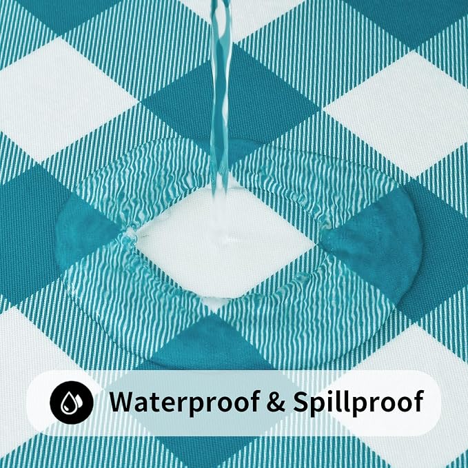 Smiry Rectangle Picnic Table Cloth, Elastic Waterproof Fitted Vinyl Tablecloths, Flannel Backed Buffalo Plaid Table Covers for Dining, Camping, Outdoor (White and Turquoise, 30" x 60")