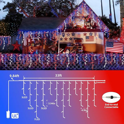 YEGUO 33ft 400 LED Red White and Blue Icicle Lights, 80 Drops 4th of July Icicle Lights for Outside Connectable, 8 Modes Clear Wire Independence Day String Light Indoor with Memory