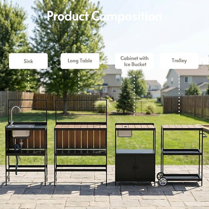 ENSTVER Modular Outdoor Kitchen with All-Aluminum Island & Cabinets, Stainless Steel Sink, Food-Safe Countertop, Outdoor Kitchen Island for Patio, Deck, Backyard,Black