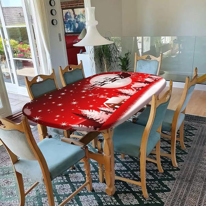 Merry Christmas Fitted Tablecloths Oval, Happy New Year Winter Moon Santa Deer Wrinkle Resistant Table Cloths, Fits to 48x68 in, Elastic Edged Covers for Xmas Party and Dinner Use, Red