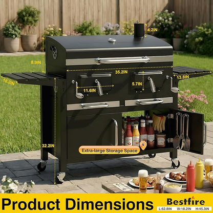 Bestfire 63" Oversized Charcoal BBQ Grill & Smoker, Large Outdoor Grill with 2 Individual Lifting Charcoal Trays, Cabinet-Style Charcoal Grills with Foldable Side Tables, 4 Wheels, Asadores de Carbon