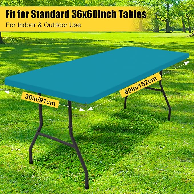 Smiry Rectangle Picnic Table Cloth, Waterproof Elastic Fitted Tablecloths for 5 Foot Tables, Washable Polyester Table Cover for Camping, Indoor and Outdoor (Teal, 36"x60")