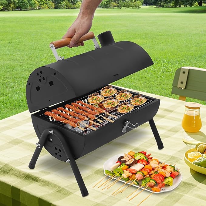 Barbecue Charcoal Barrel Grill, Portable Vertical C-harcoal Smoker G-rill, Outdoor Indoor Hanging BBQ C-harcoal Barrel G-rill with 360° Heated, Built-In Oil and Ash Trays (15.4x16.9in 28 Skewers)