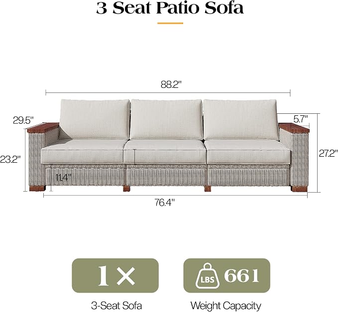 PaPaJet Outdoor Patio Sofa, 3 Seat Wicker Couch with Solid Armrests & Legs, 4.7" Thickened Removable Cushions, UV-Resistant Modular Sofa for Porch, Backyard, Garden
