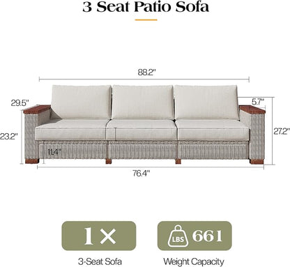 PaPaJet Outdoor Patio Sofa, 3 Seat Wicker Couch with Solid Armrests & Legs, 4.7" Thickened Removable Cushions, UV-Resistant Modular Sofa for Porch, Backyard, Garden