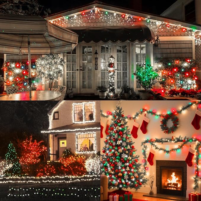 66ft Christmas Decorative Mini Lights, 200 LED Green Wire Fairy Starry String Lights Plug in, 16 Lighting Modes for Outdoor Xmas Tree Wedding Party Decoration (Red Green White)
