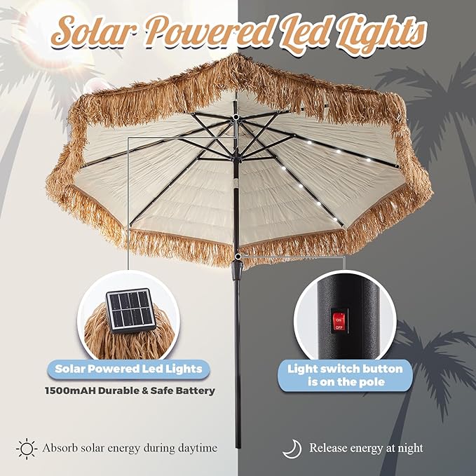 CroBlissful 9 ft Solar Tiki Umbrella with 32 LED Lights, Hula Thatched Patio Umbrella, UPF 50+, Hawaiian Style Beach Parasol for Garden, Beach, Pool, and Backyard