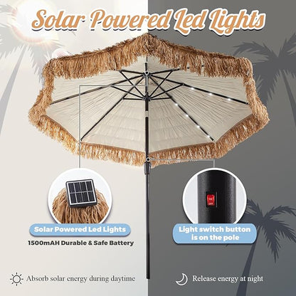 CroBlissful 9 ft Solar Tiki Umbrella with 32 LED Lights, Hula Thatched Patio Umbrella, UPF 50+, Hawaiian Style Beach Parasol for Garden, Beach, Pool, and Backyard