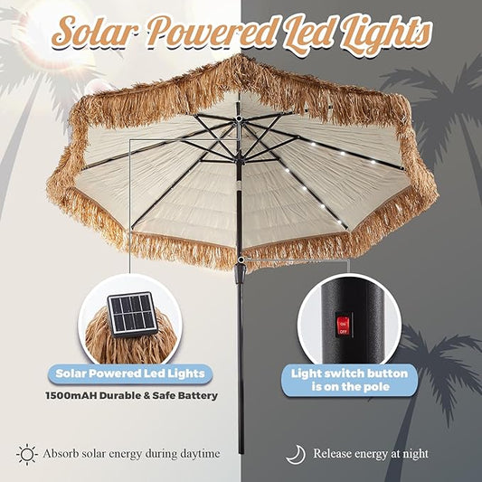 CroBlissful 9 ft Solar Tiki Umbrella with 32 LED Lights, Hula Thatched Patio Umbrella, UPF 50+, Hawaiian Style Beach Parasol for Garden, Beach, Pool, and Backyard