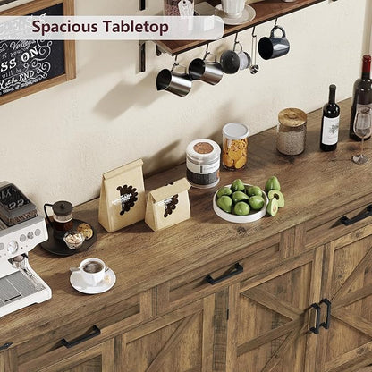 usikey 61" Large Buffet Cabinet with 4 Doors and 3 Drawers, Farmhouse Buffet Sideboard Cabinet with Storage, Coffee Bar Wine Bar for Living Room, Honey Brown