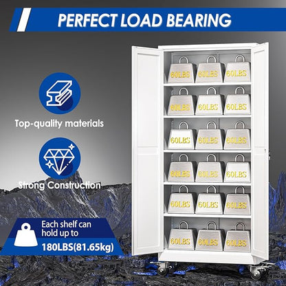GAIOUS Metal Garage Storage Cabinet with Lock, Steel Tool Cabinet with 2 Doors and 5 Adjustable Shelves, 75” Tall Lockable File Cabinet with Wheels, Organization for Home Office Garage Gym - White