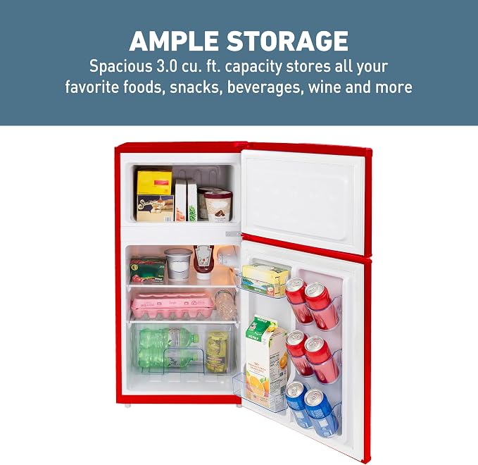West Bend Mini Fridge with Freezer Retro-Styled for Home Office or Dorm, Features Dual Doors Removable Glass Shelves Manual Defrost and Mechanical Adjustable Temperature Control, 3.1-Cu.Ft, Red