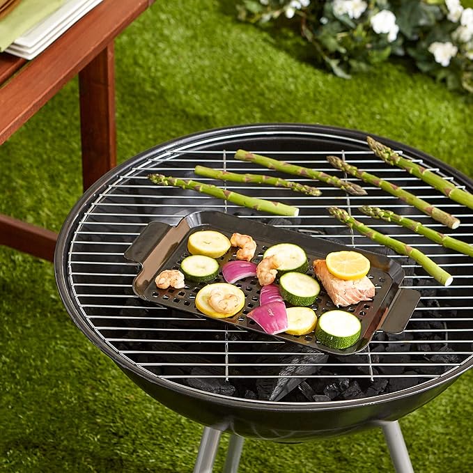 RSVP International Porcelain Coated Steel BBQ Grill Tray/Pan, Outdoor Barbeque Grilling Accessories for Cooking Fish & Vegetables, Dishwasher Safe, Small, 13x7.25"