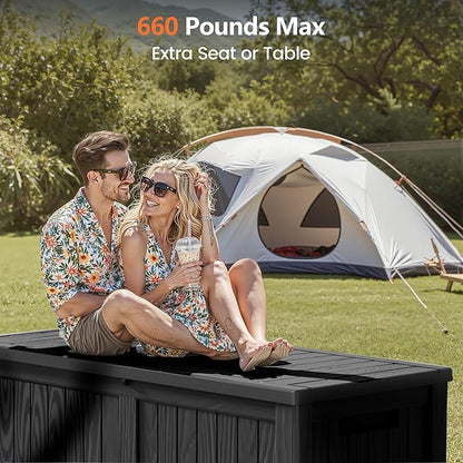 120 Gallon Outdoor Storage Box - Waterproof Resin Deck Box with Stainless Steel Rods - Lockable & Fade Resistant Storage Bin for Patio Cushions & Garden Tools, Black