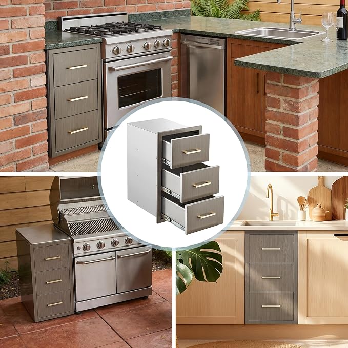 Garvee Outdoor Kitchen Drawers 16" W x 28.5" H x 20.5" D, Flush Mount Triple Access BBQ Drawers with Stainless Steel Handle for Outdoor Kitchens, BBQ Island, Patio Grill Station