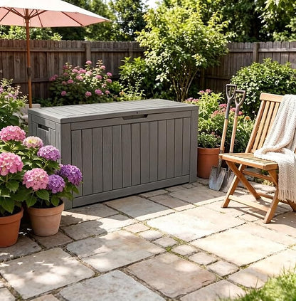 120 Gallon Outdoor Storage Box, Resin Deck Boxes Outdoor Waterproof For Patio Furniture, Garden Tools, Pool Supplies, Durable And UV Resistant, Lockable（Gray）